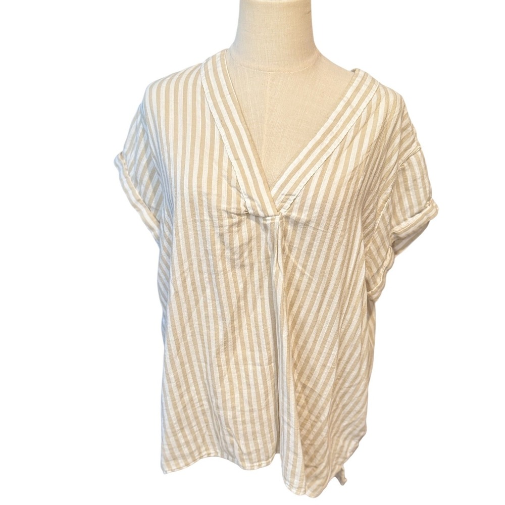 Gap Womens Large Tan White Striped V-Neck Short Sleeve Linen Blend Top Blouse